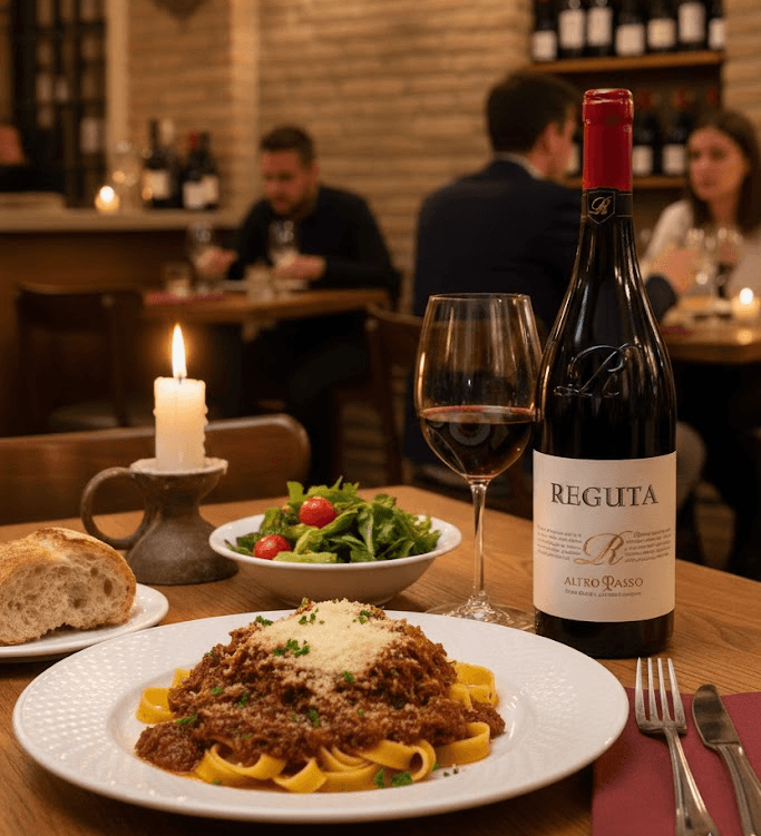 Romantic dinner with Merlot wine and Spaghetti with Meatballs, perfect pairing for an elegant evening.