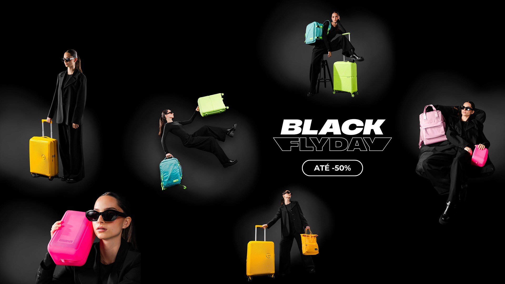 American Tourister Black Flyday sale key visual with models and colourful suitcases on black, up to 50% off