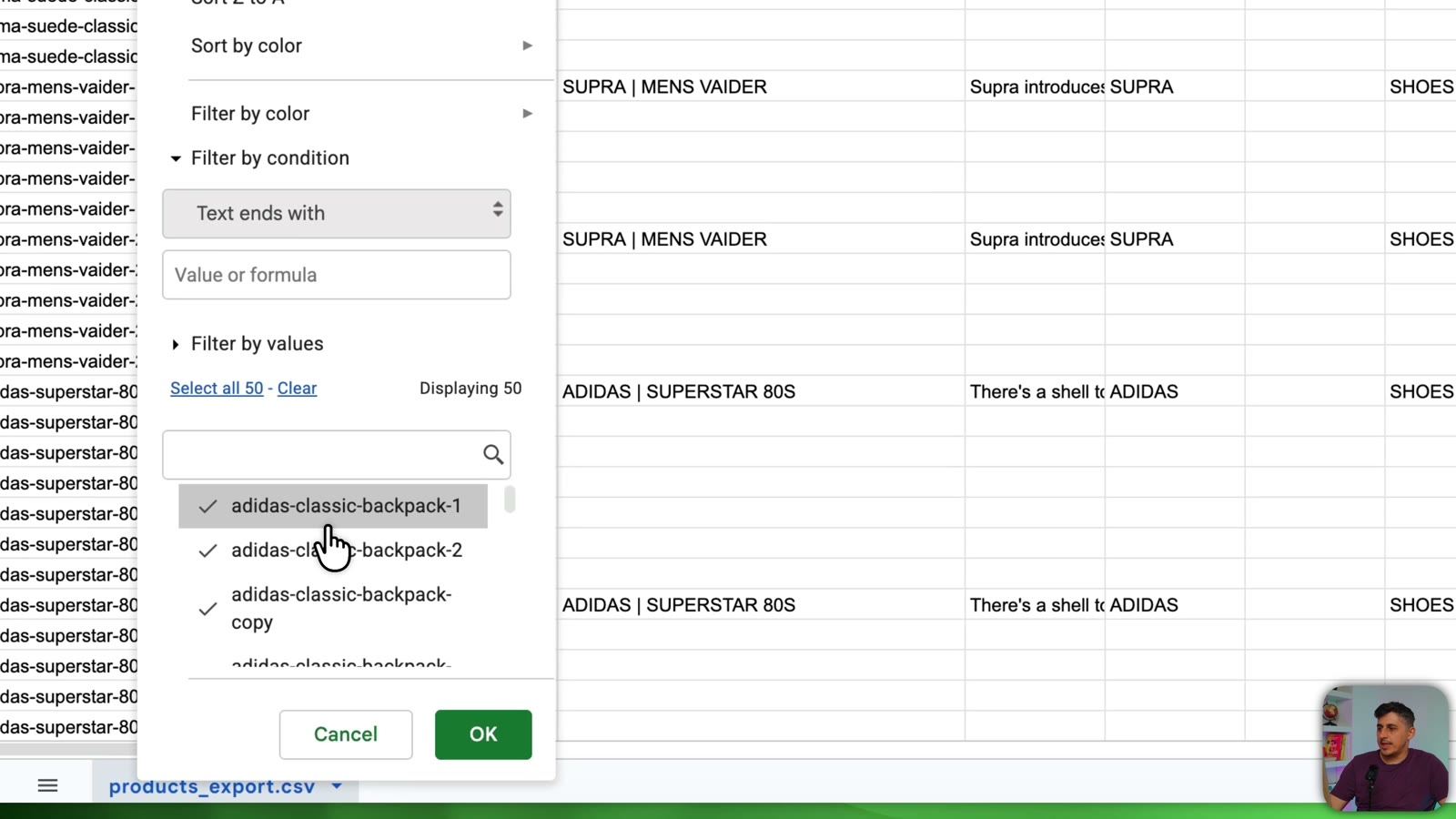 Google Sheets filter by condition: text ends with -2 to find duplicate Shopify handles