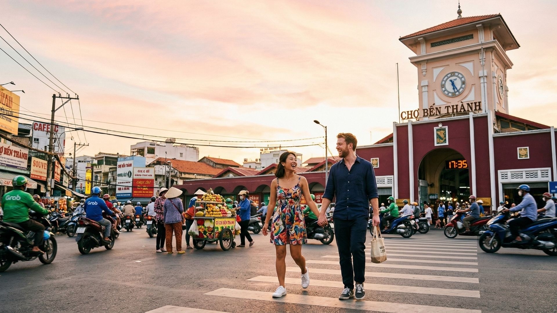 A happy interracial couple—an Asian woman in a colorful dress and a Caucasian man—laughing and holding hands while crossing the street in front of Ben Thanh Market in District 1, Ho Chi Minh City. The clock tower and busy sunset traffic create a vibrant HCMC backdrop for couples counseling services.