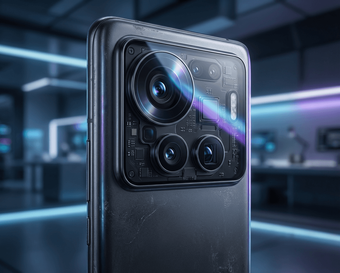 Close-up artistic depiction of a smartphone prototype with a large advanced camera island.