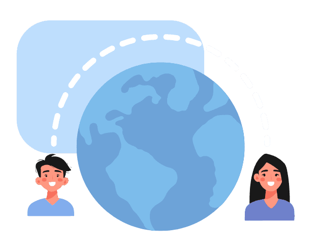 Cartoon graphic of two people connected by a dotted line, with an earth graphic between them