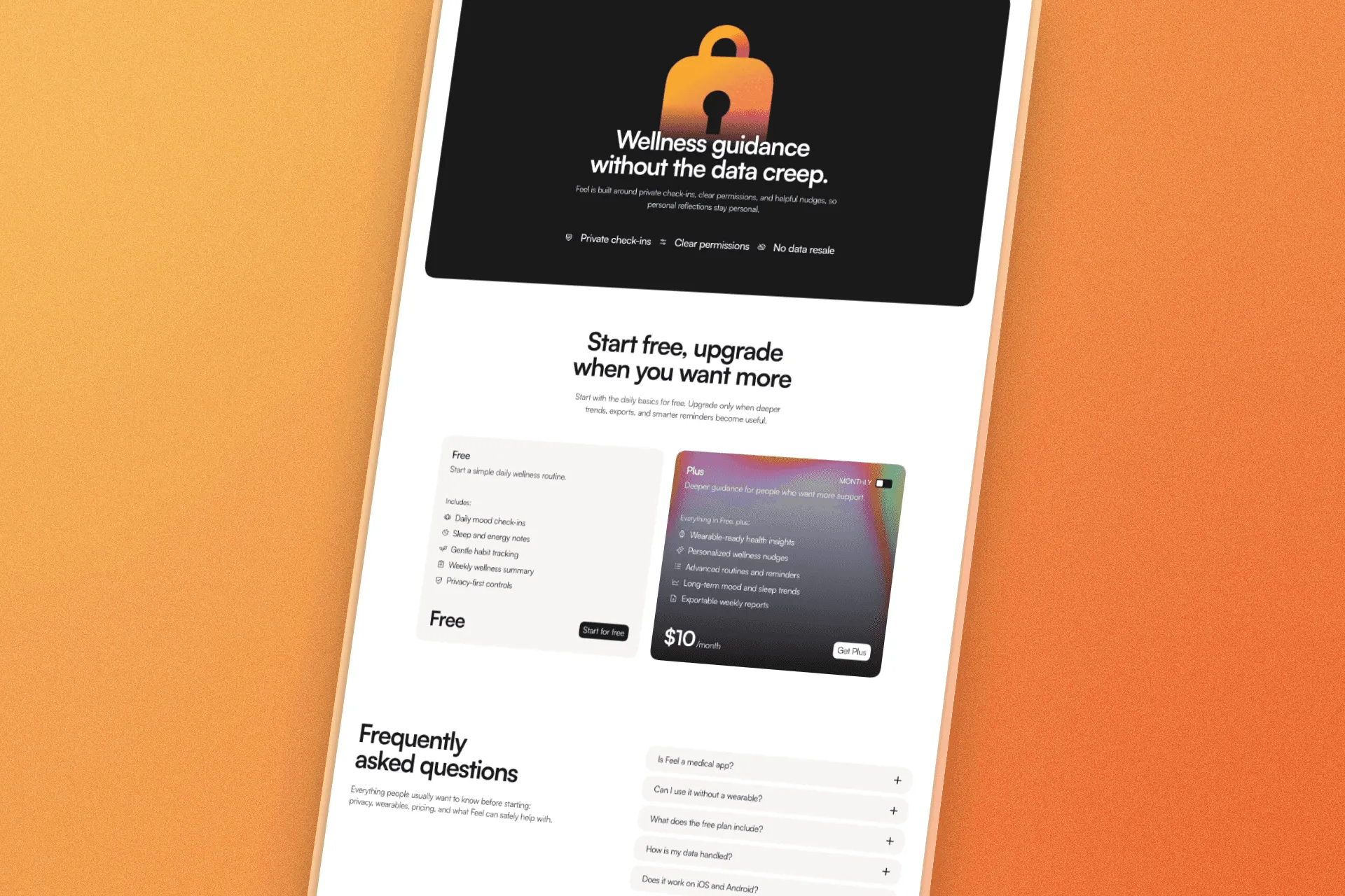 Pricing section of Feel free Framer template for Health & Wellness Apps