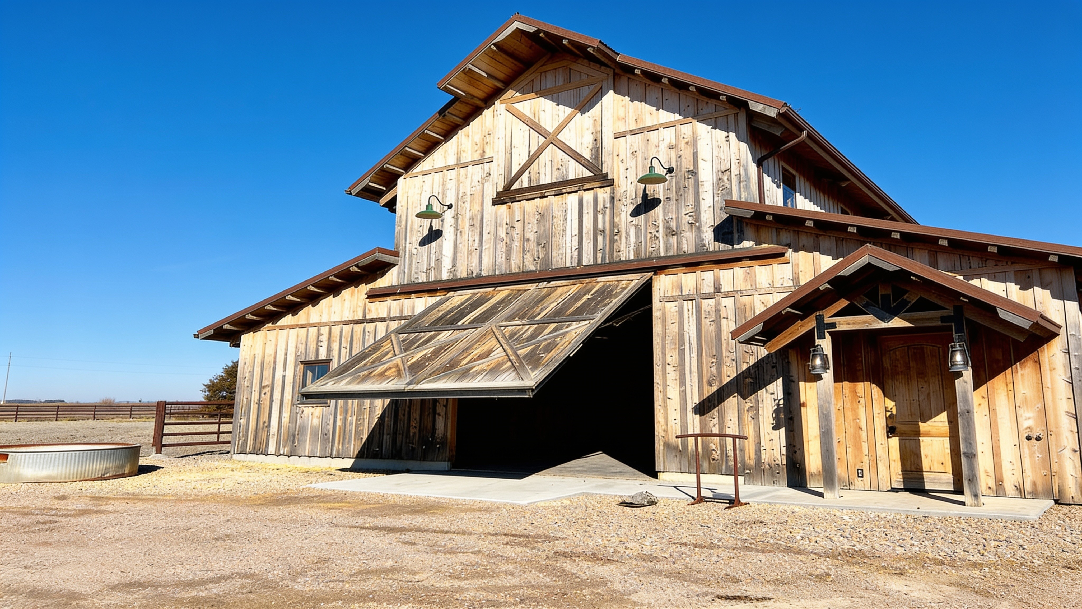 Weathered wood barn with early PowerLift hydraulic doors
