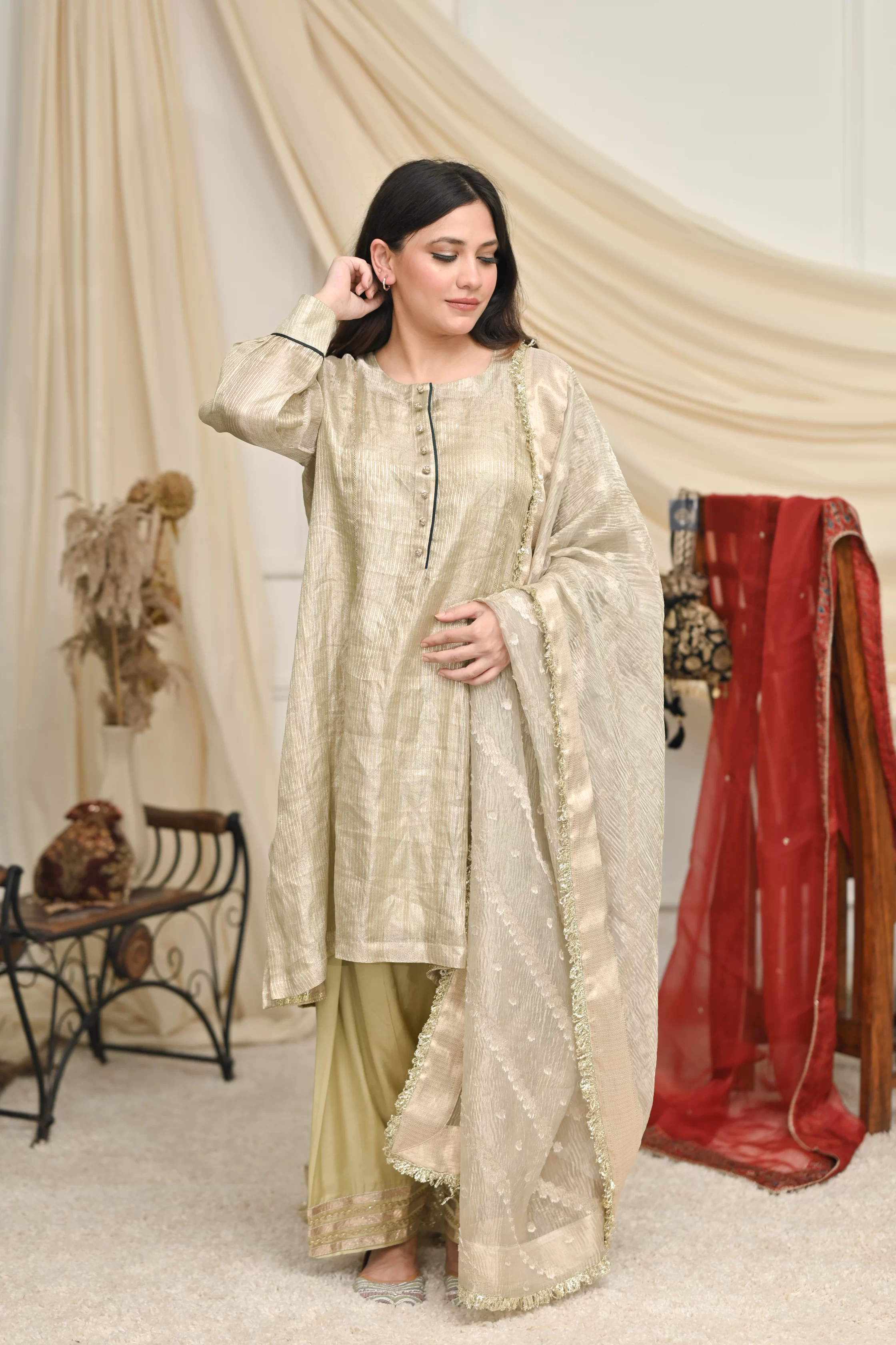 Champagne Olive Tissue Set With Embroidered Dupatta 1