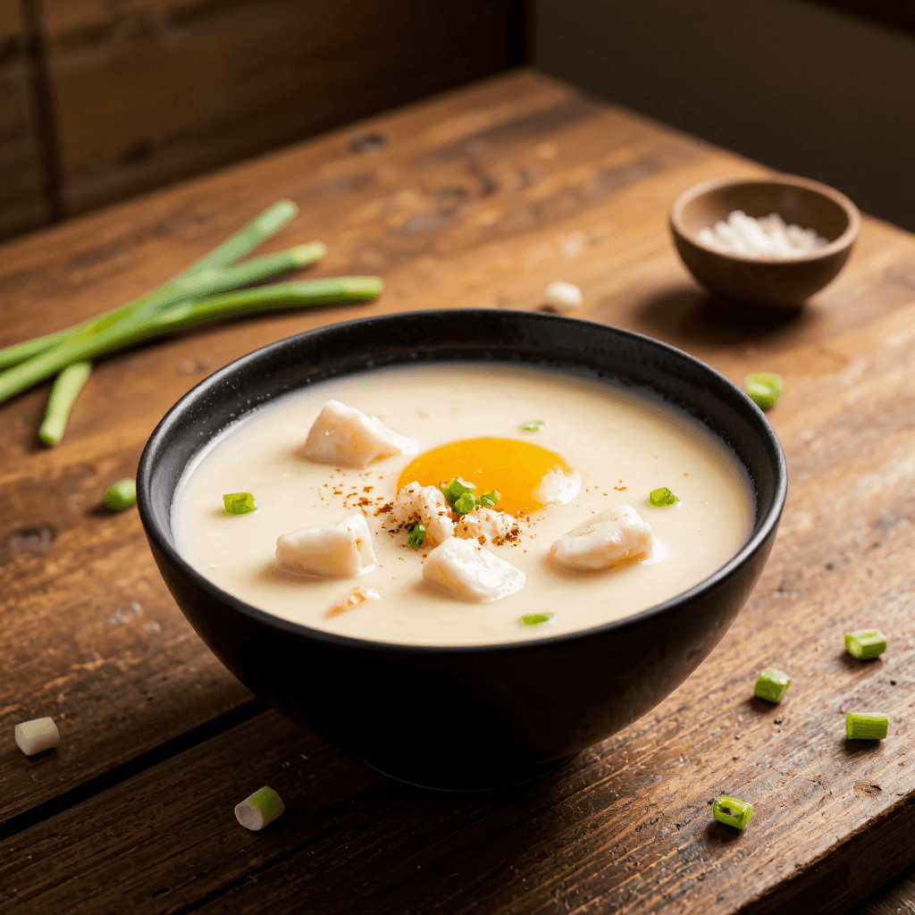 product photography of a bowl of soup with egg and seafood, garnished with green onions