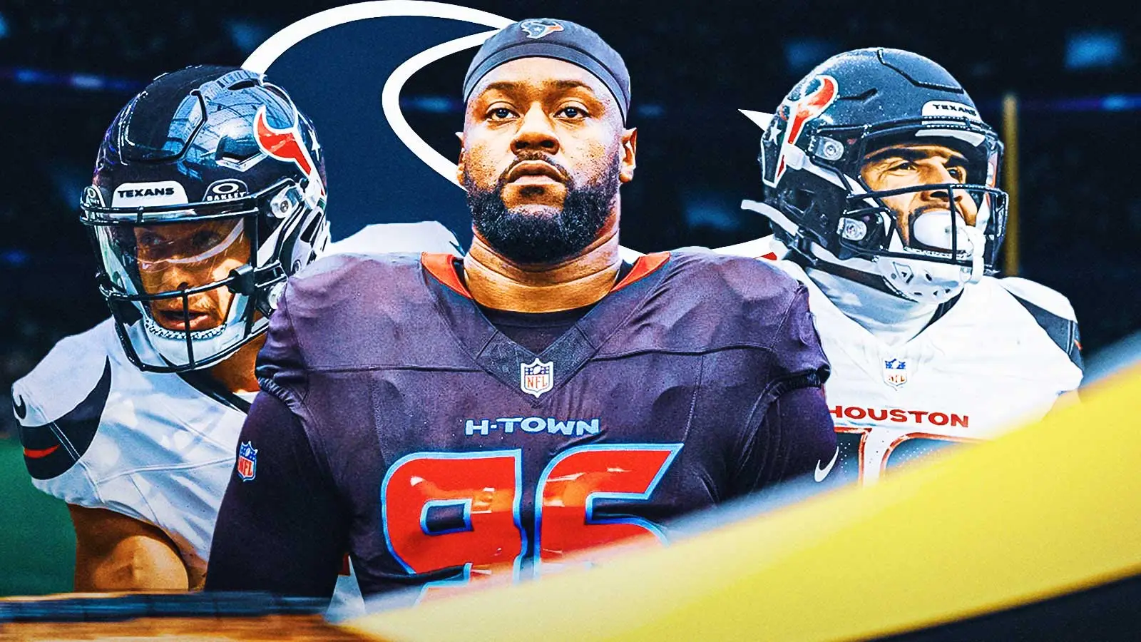Houston Texans players in uniform posing together before an NFL game.