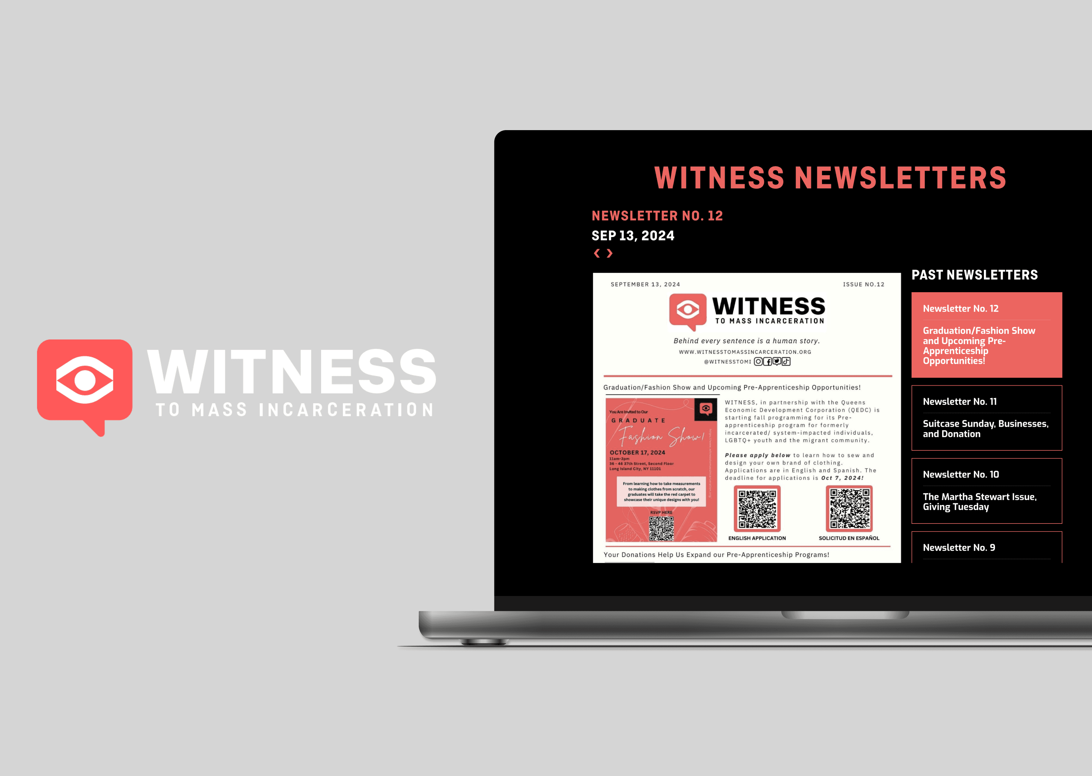 A laptop displaying a website with a red and white scheme, featuring content about a service or product.