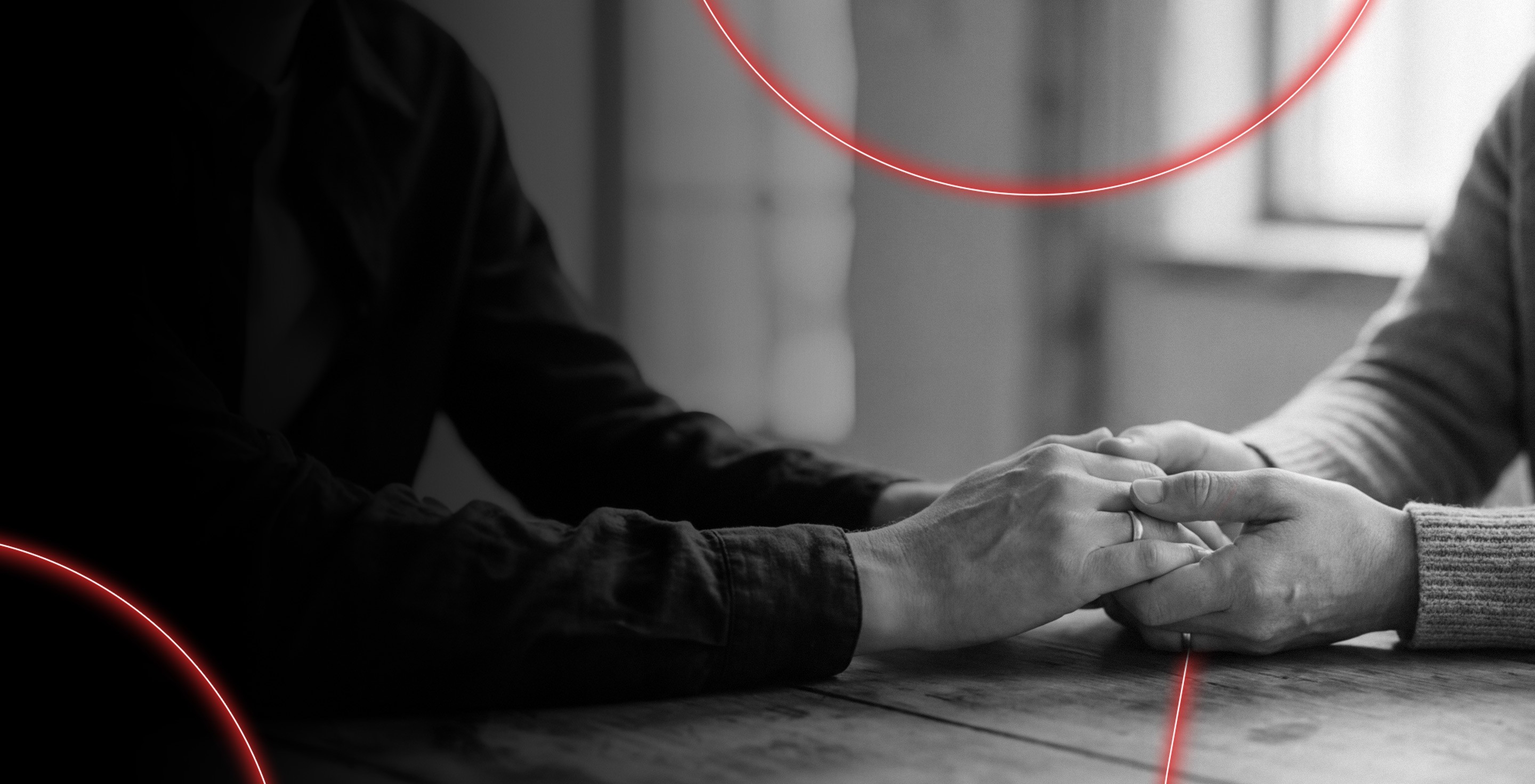 Vulnerable clients holding hands discussing P1 Platform