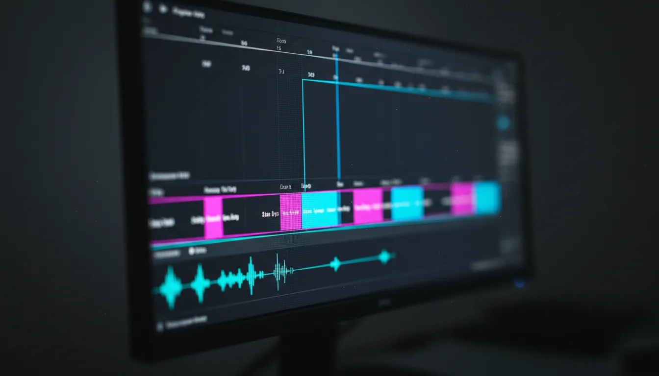 DSLR macro photograph of a video editing software timeline on a glowing monitor in a dark room. Angled view, modern dark mode interface. The timeline features vibrant magenta, electric blue, and cyan video clips. Extreme shallow depth of field with sharp focus on a vertical blue playhead, creating a soft bokeh background. The screen's visible pixel grid adds texture. A teal audio waveform is visible on a lower track.