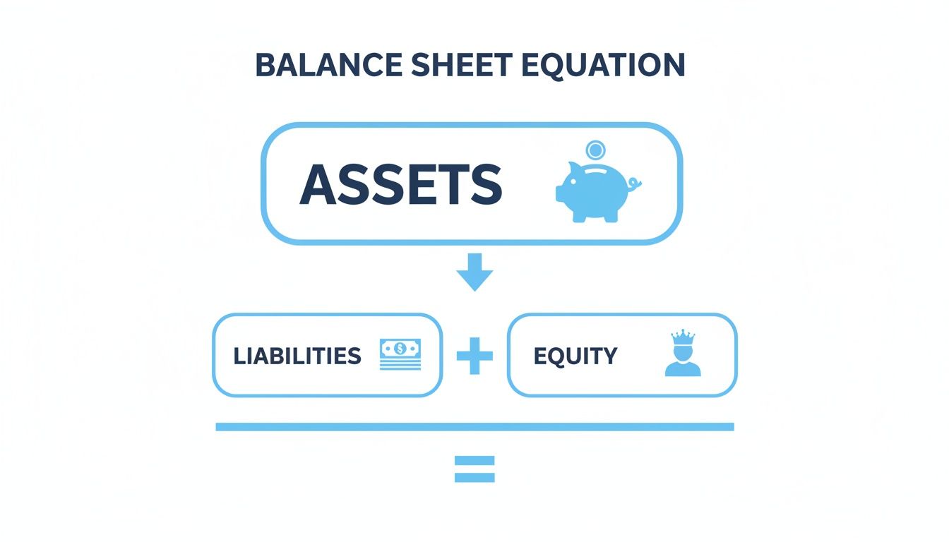 A clear diagram illustrating the fundamental balance sheet equation: Assets equals Liabilities plus Equity.