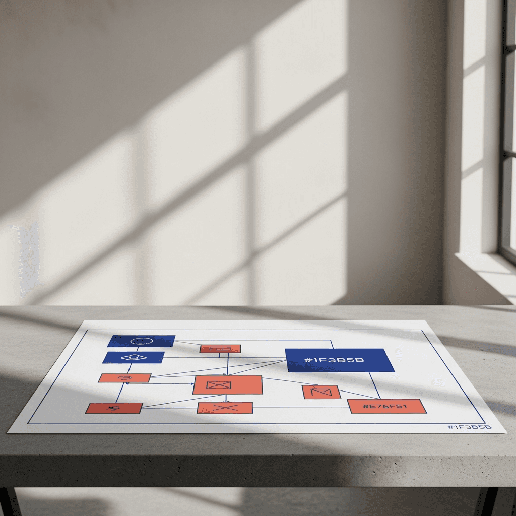 Editorial photograph of a large, minimalist concrete desk in a well-lit studio. On the desk lies a single, large, high-quality print of a complex software architecture diagram. The diagram uses clean lines and simple geometric shapes in Agintex brand colors #1F3B5B and #E76F51. The background is a soft, out-of-focus wall in a warm off-white #F5F2EC. Natural light comes from a large window on the right, casting soft shadows. The upper-left third of the image has clear space for text overlay. No people, no screens, no text. Aspect ratio 16:9. Photorealistic. Strictly avoid neon glow, holograms, floating digital brains, circuit overlays, and futuristic cityscapes.