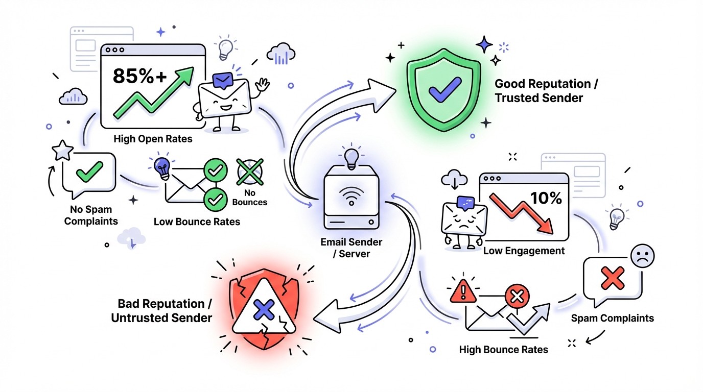 A modern diagram illustrating email sender reputation. A central 'Email Sender' icon branches into two paths. The top-left path, in green, shows icons for high open rates, low bounce rates, and no spam complaints, leading to a 'Good Reputation' shield. The bottom-right path, in red, shows icons for low engagement, high bounce rates, and spam complaints, leading to a 'Bad Reputation' warning sign.