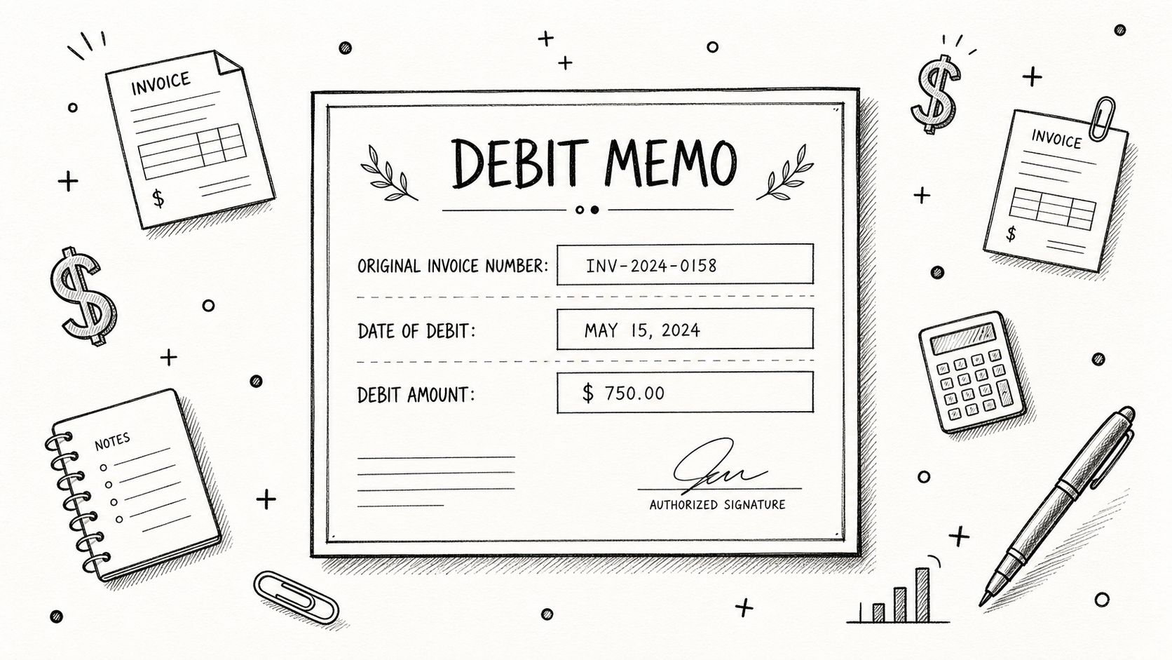 A hand-drawn style illustration of a debit memo form with invoice number, date, and amount.
