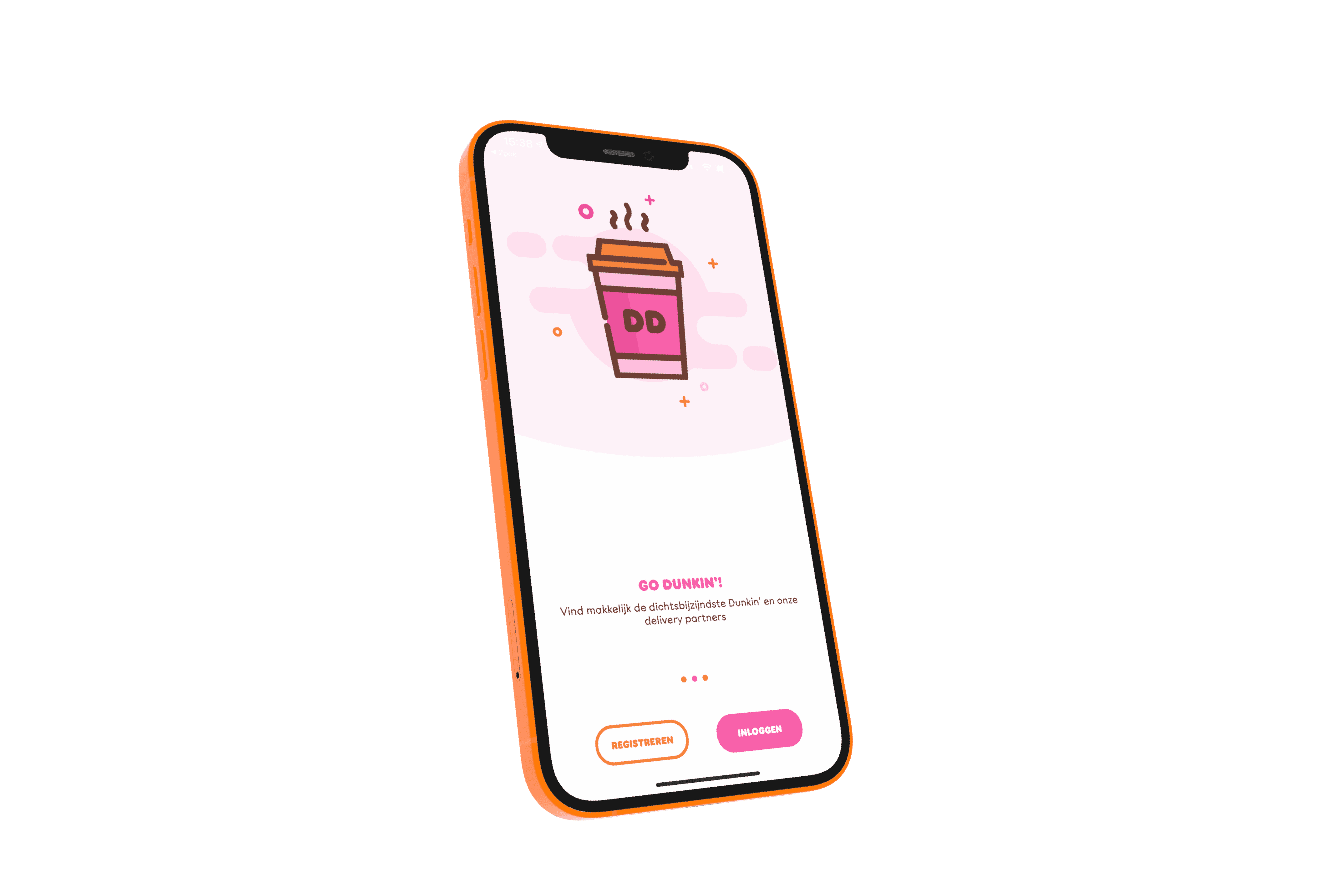 Dunkin’ Benelux app interface displayed on a smartphone, highlighting features like registration, login, and a vibrant pink-orange coffee-themed design.