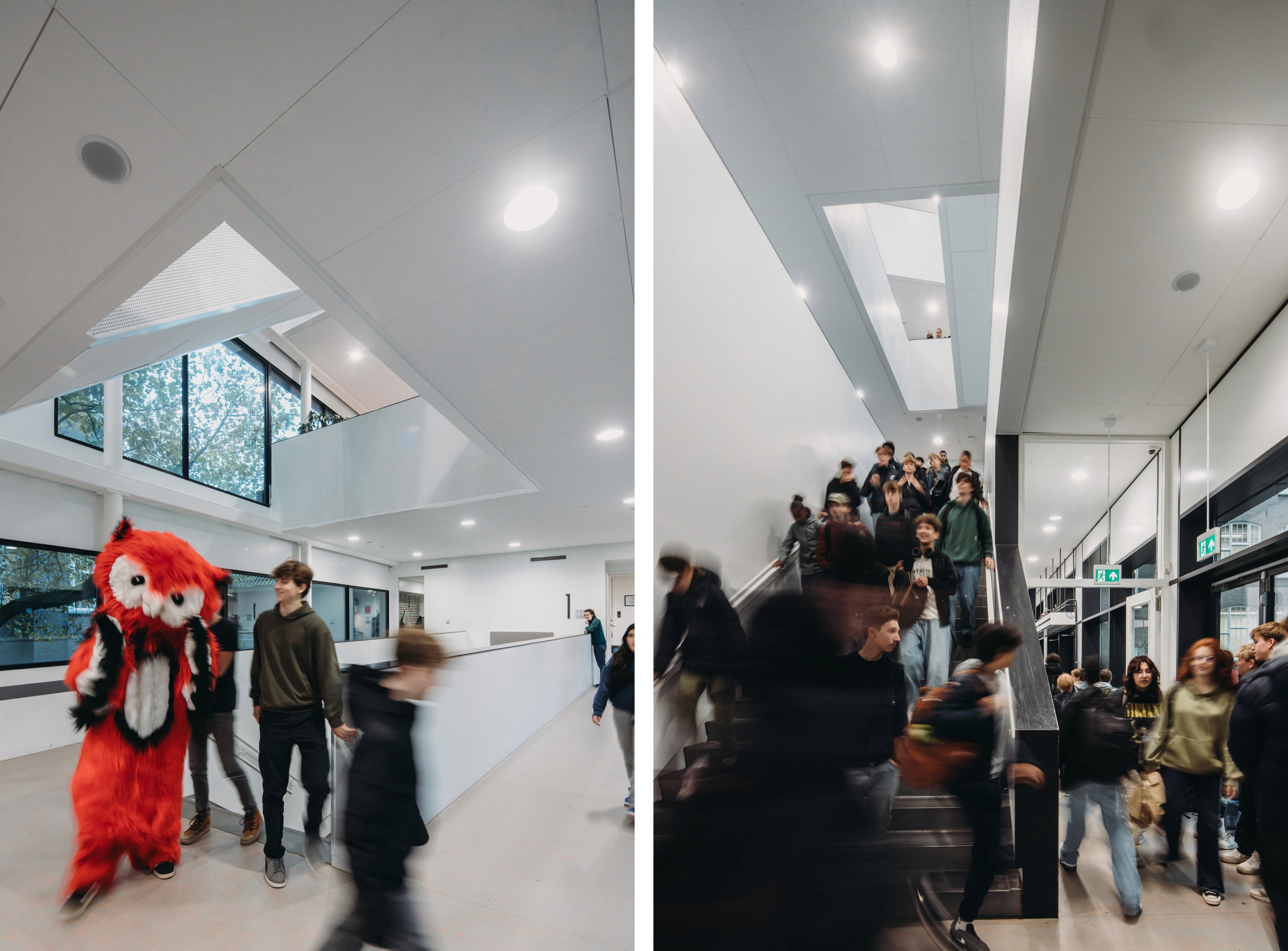 Photo of the interior spaces in the hallway, entrance area and corridor of the new connecting building of the Metis Montessori Lyceum in Amsterdam