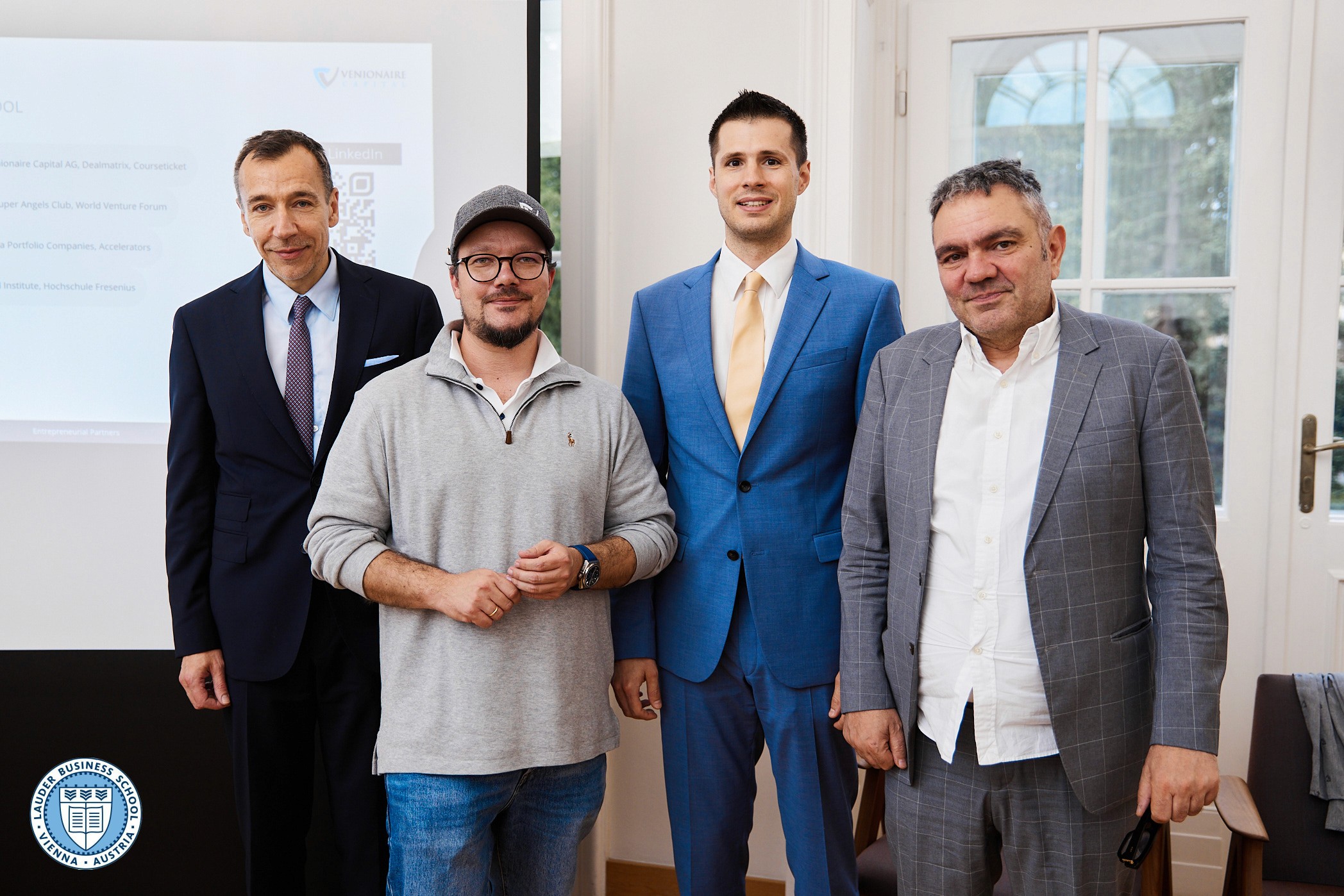 Mag. Berthold Baurek-Karlic, founder and managing director of Venionaire Capital together with Alexander Zirkler, Executive Director of LBS, Dr. Tamas Csermely, Director of Graduate Studies at LBS, and Prof. (FH) Julius Dem, Director of Studies for the Bacherlor´s program at LBS