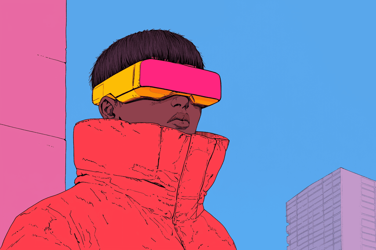 Un homme avec un masque de réalité augmentée qui discute avec son intelligence artificielle