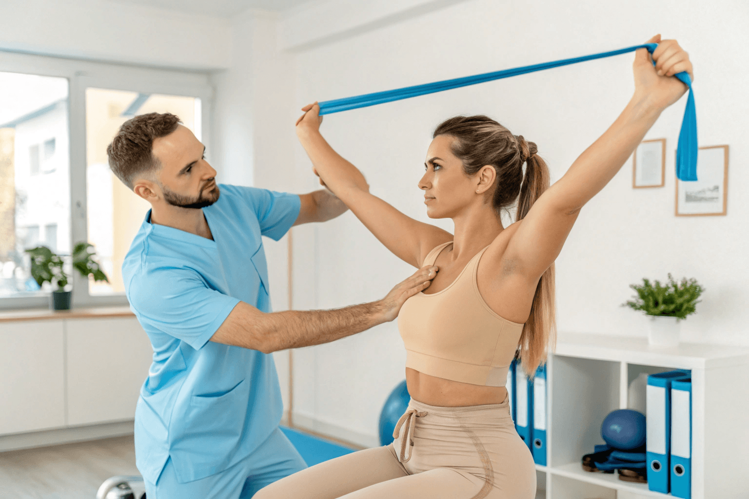 Kiné à Charleroi guidant une patiente pour un exercice contre la tendinite de l’épaule.