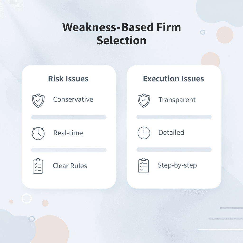 Comparison chart showing firm types for different trading weaknesses