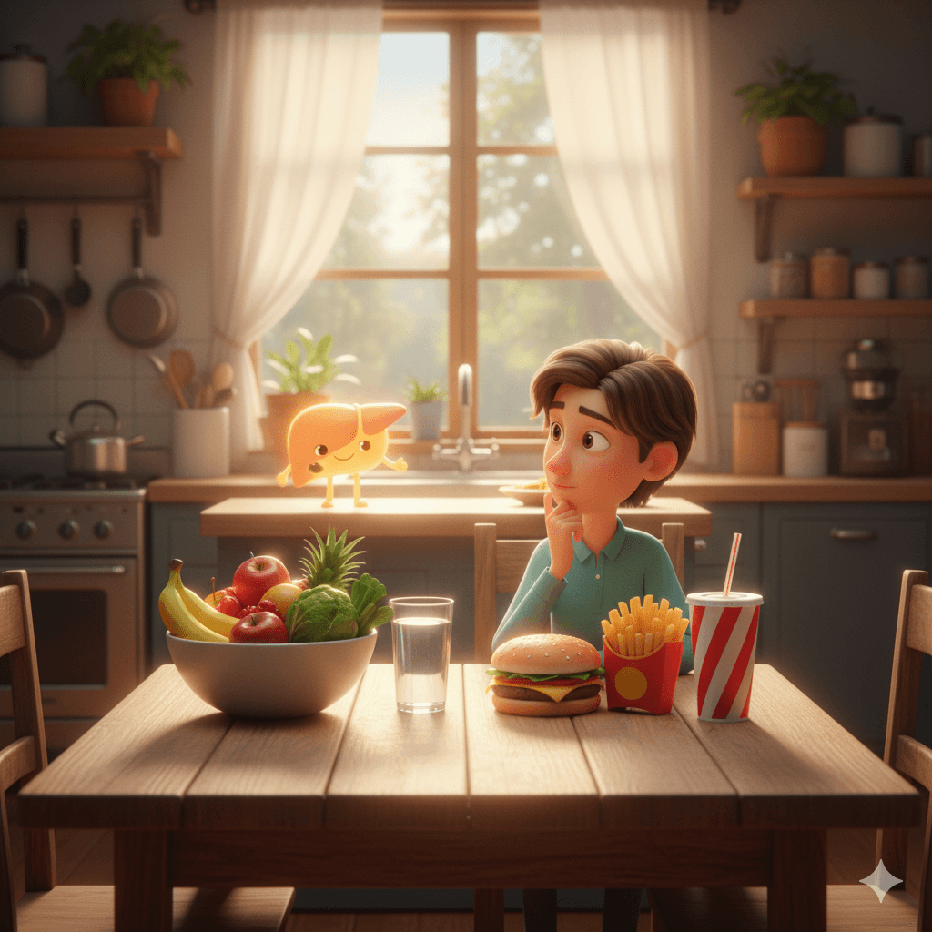 A young man in a cozy kitchen choosing between healthy fruits and junk food, guided by a cute cartoon liver character — symbolizing early awareness of fatty liver and lifestyle choices. Created for Lyxaa, the preventive healthcare and wellness brand promoting better liver health and nutrition awareness. Visit lyxaa.in for more insights on healthy living.