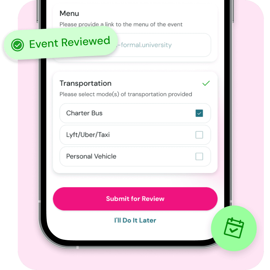 Lounge event registration screen showing transportation details and event approval for fraternity and sorority risk management