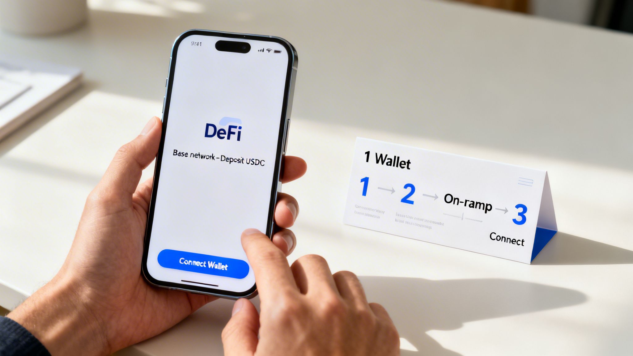 A person holds a smartphone displaying a DeFi app with a 'Connect Wallet' button, next to a diagram of wallet connection steps.