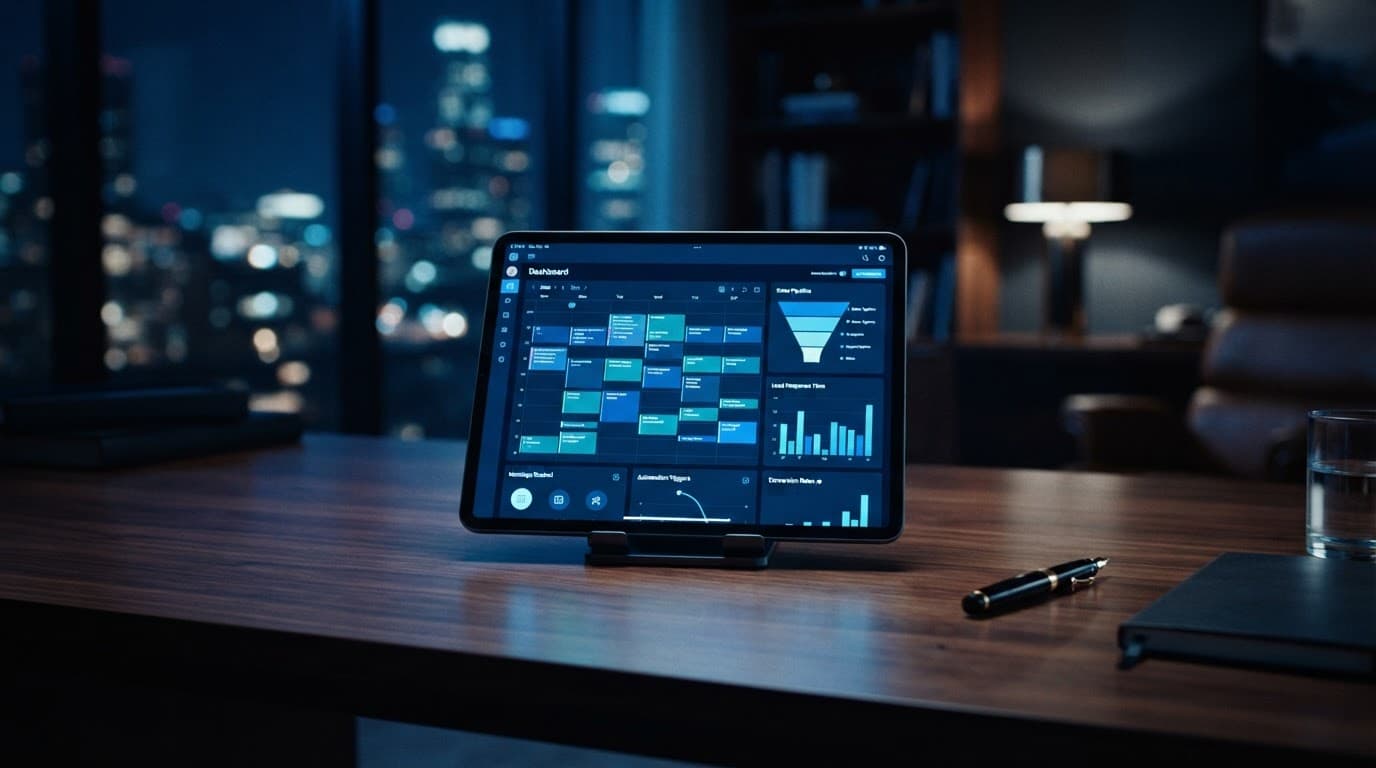 An illuminated tablet on a dark desk displays a scheduling dashboard under dramatic blue lighting.
