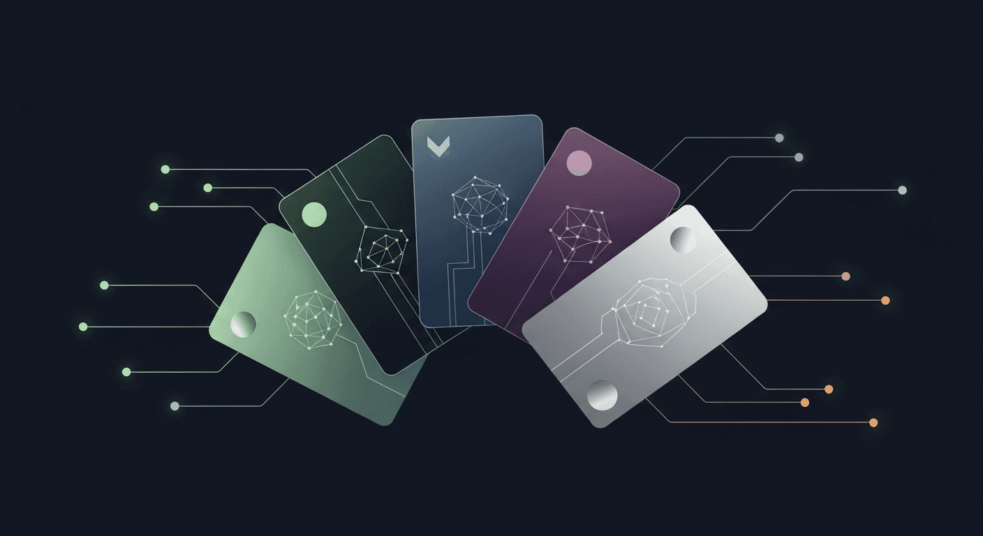Comparison of five crypto credit and debit cards arranged on a dark surface with subtle green accent lighting