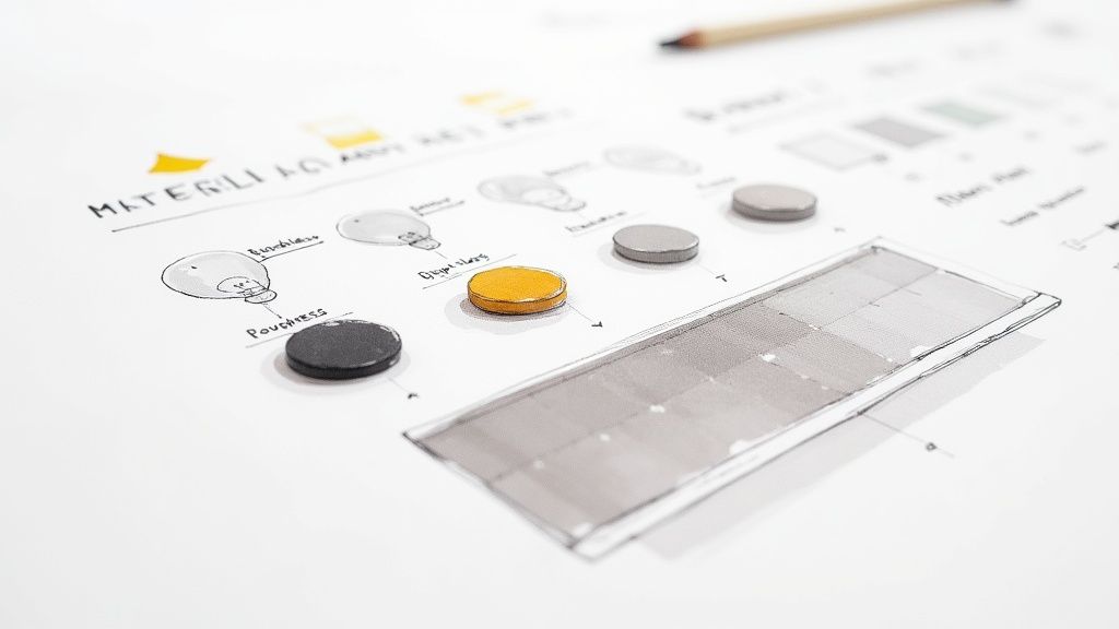 Close-up of a design sketch showing material properties, concepts, and colored tokens on paper.
