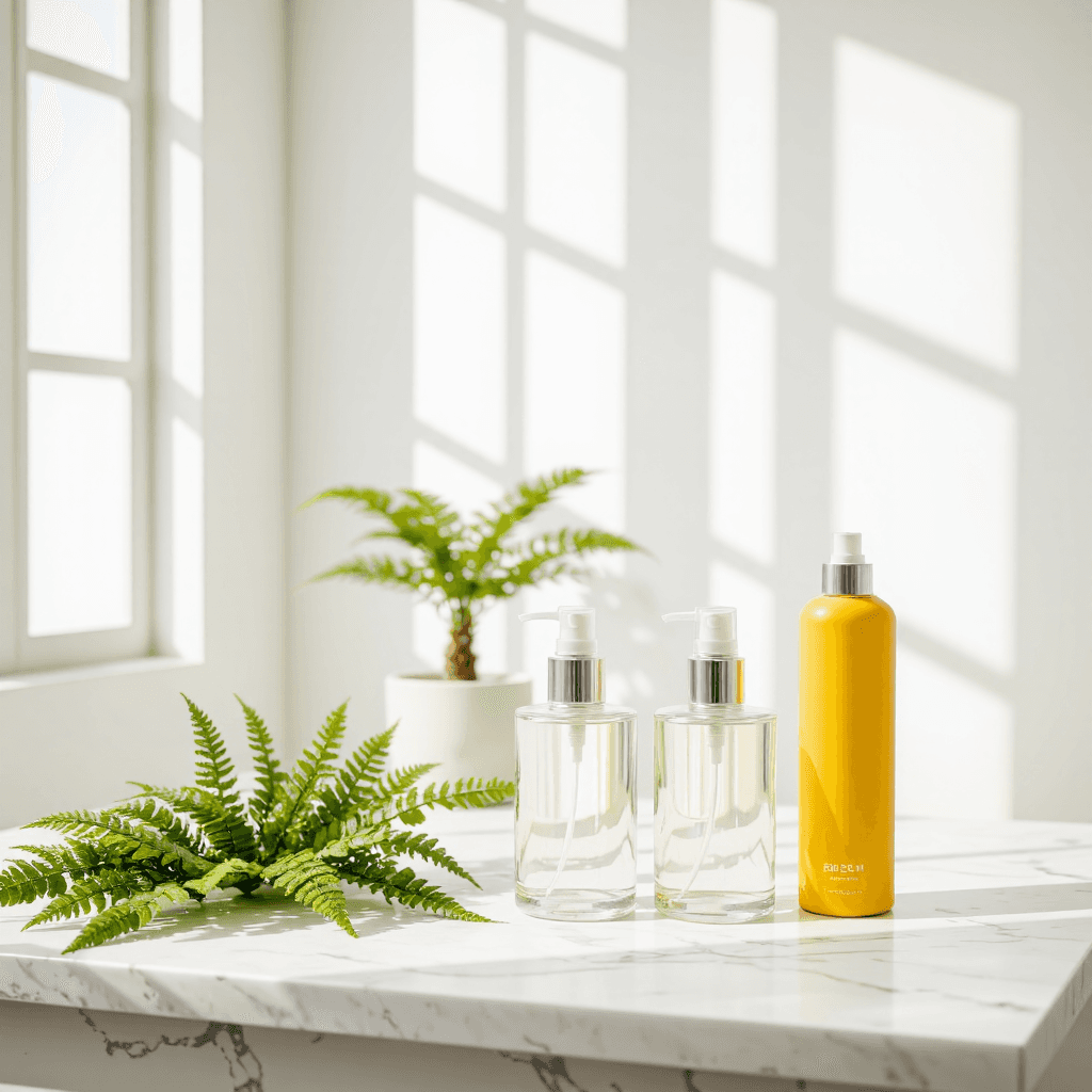 product photography of set of personal care bottles and a spray can