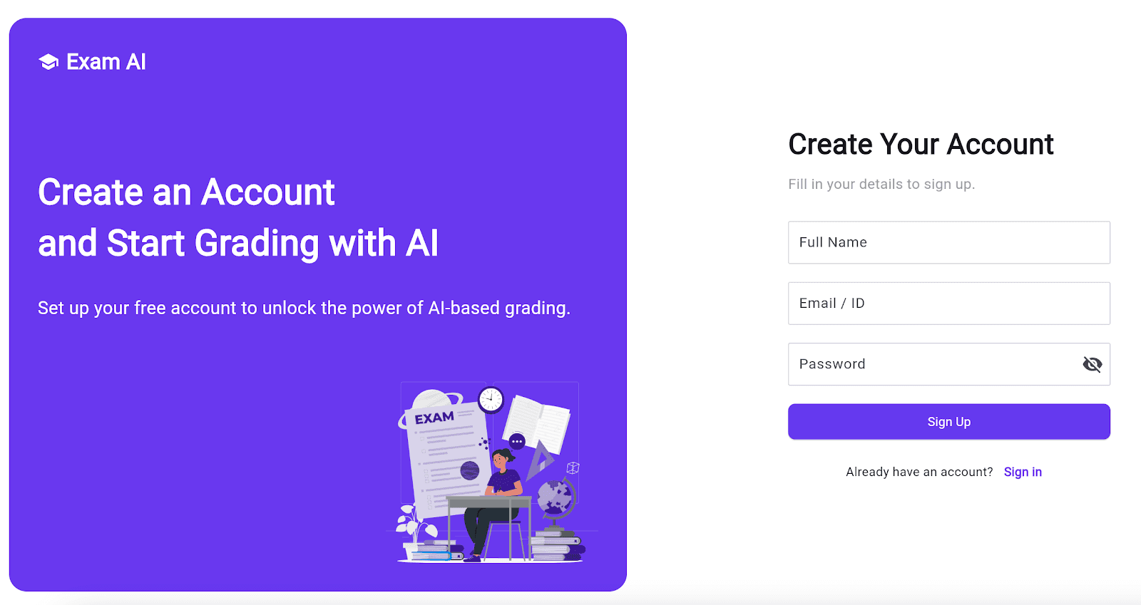 Screenshot of ExamAi's sign up page