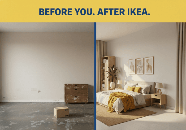 AI-generated before-and-after room transformation visual for an IKEA ad concept.