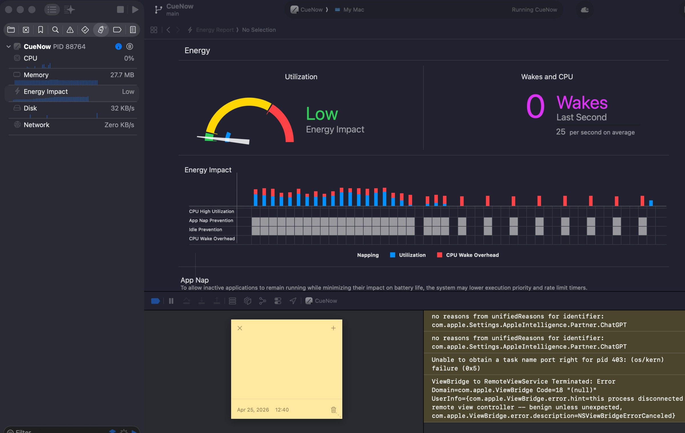 Resource monitoring in Xcode for CueNow app