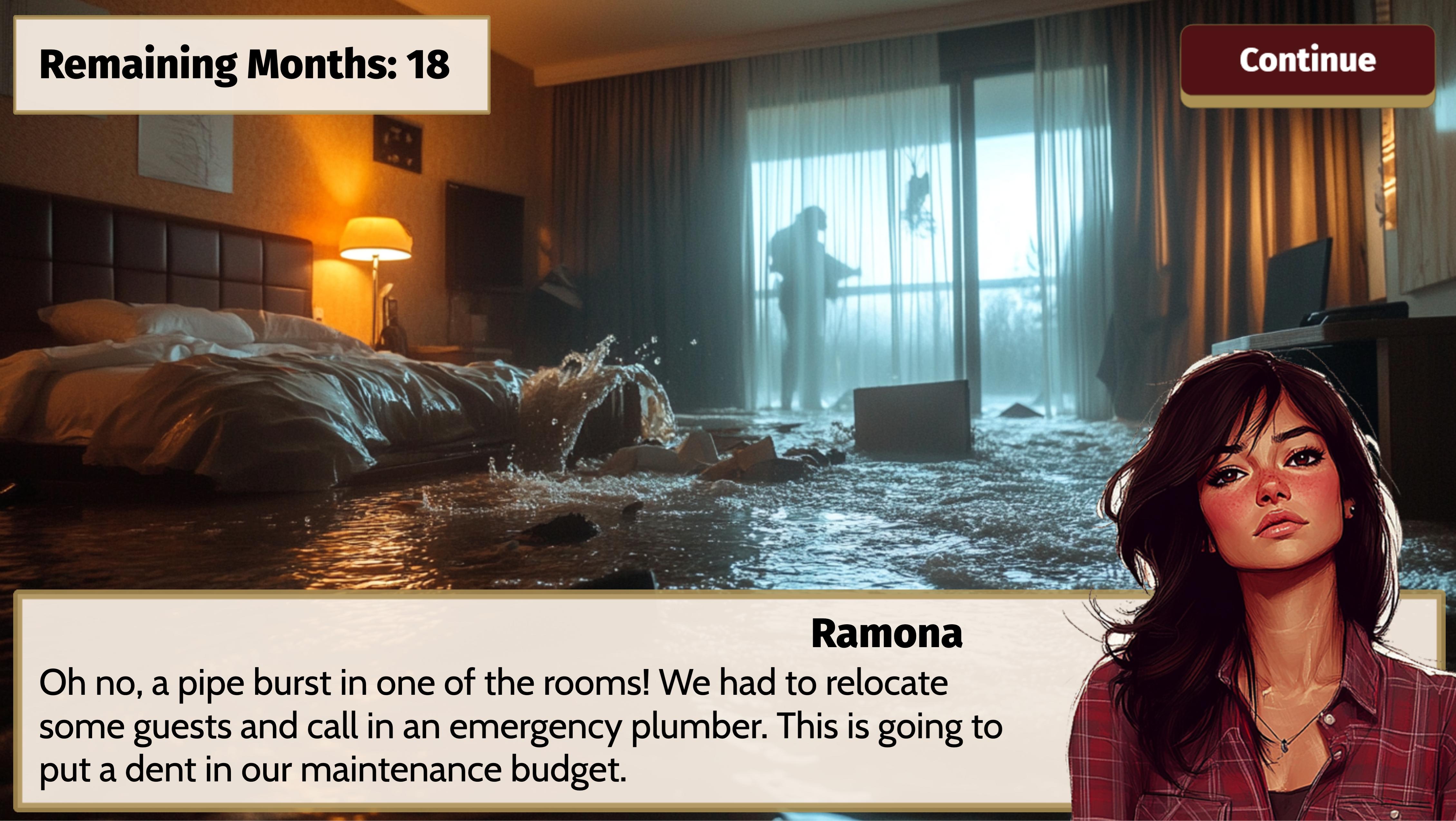 A scenario-based learning event in the hotel simulator, where a pipe burst creates a realistic maintenance challenge for the player.