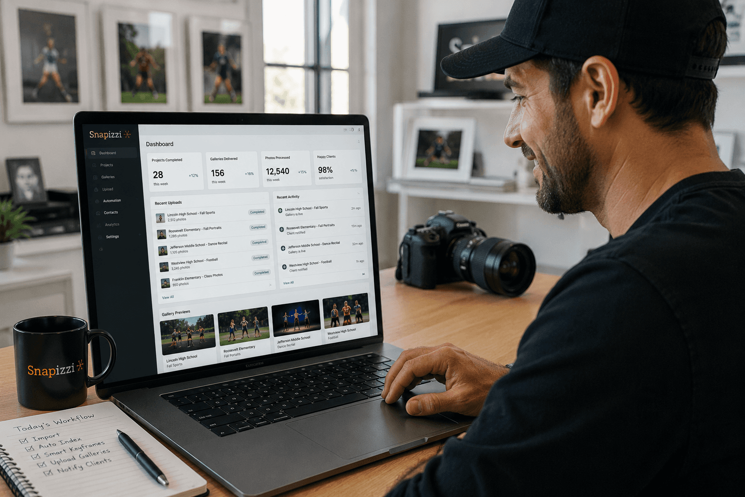 High-volume photographer smiling while reviewing completed online galleries, organized folders, successful uploads, and automated workflow results for school, sports, and dance photography jobs.