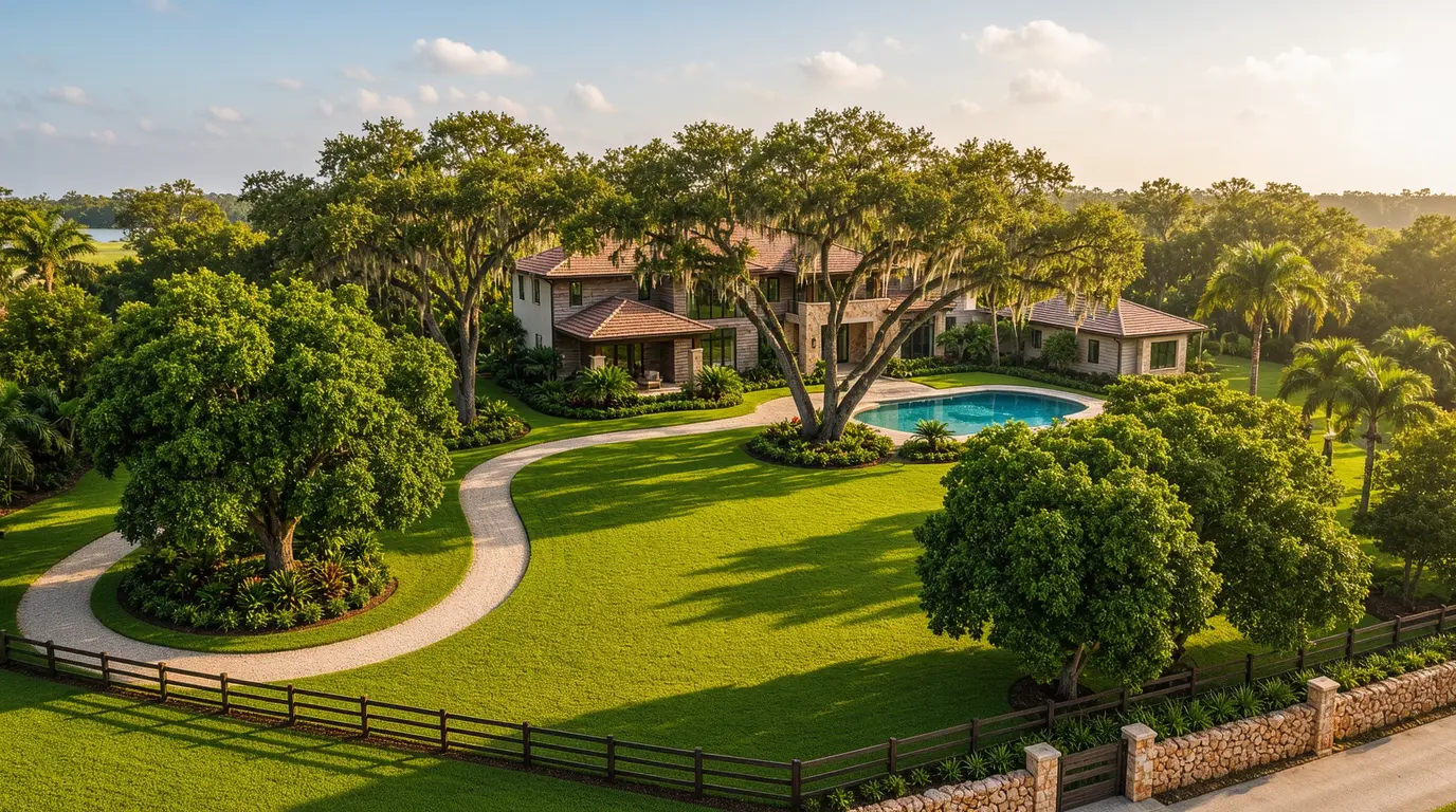 Aerial view of an exclusive luxury estate showcasing a winding driveway, expansive manicured lawns, a backyard swimming pool, and the main residence nestled among large oak trees