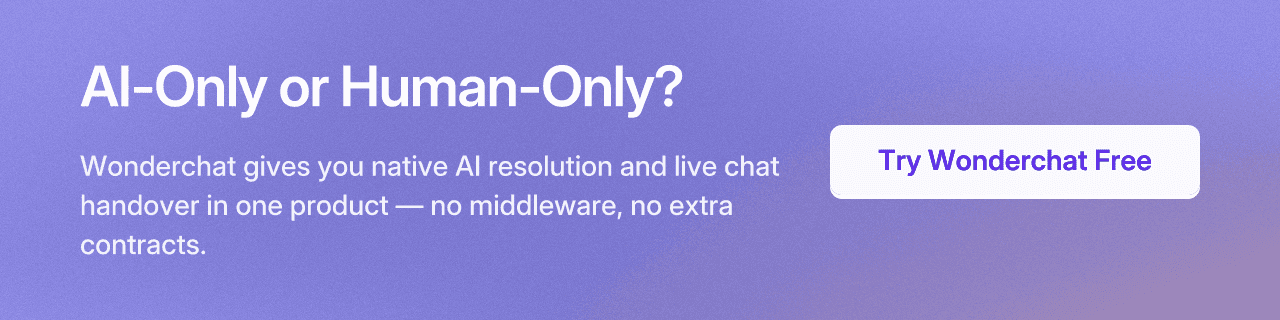 AI-Only or Human-Only? Wonderchat gives you native AI resolution and live chat handover in one product — no middleware, no extra contracts.
