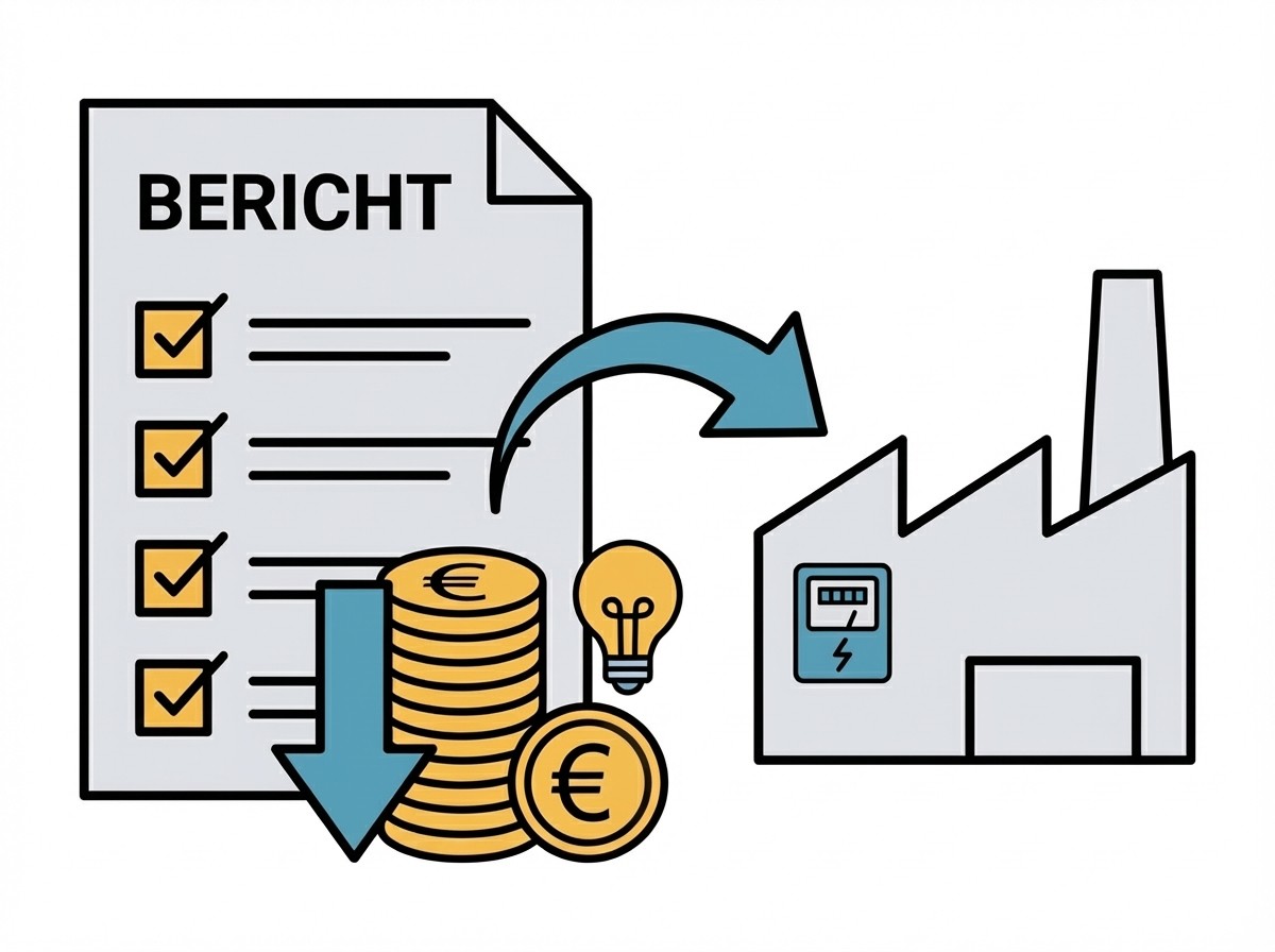 Grafik: Ein Bericht, eine Fabrik und sinkende Euro-Münzen symbolisieren Kosteneinsparungen durch Energieeffizienz.