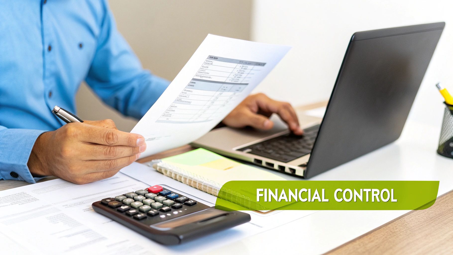 A person in a blue shirt analyzing financial documents, typing on a laptop, with a calculator nearby.