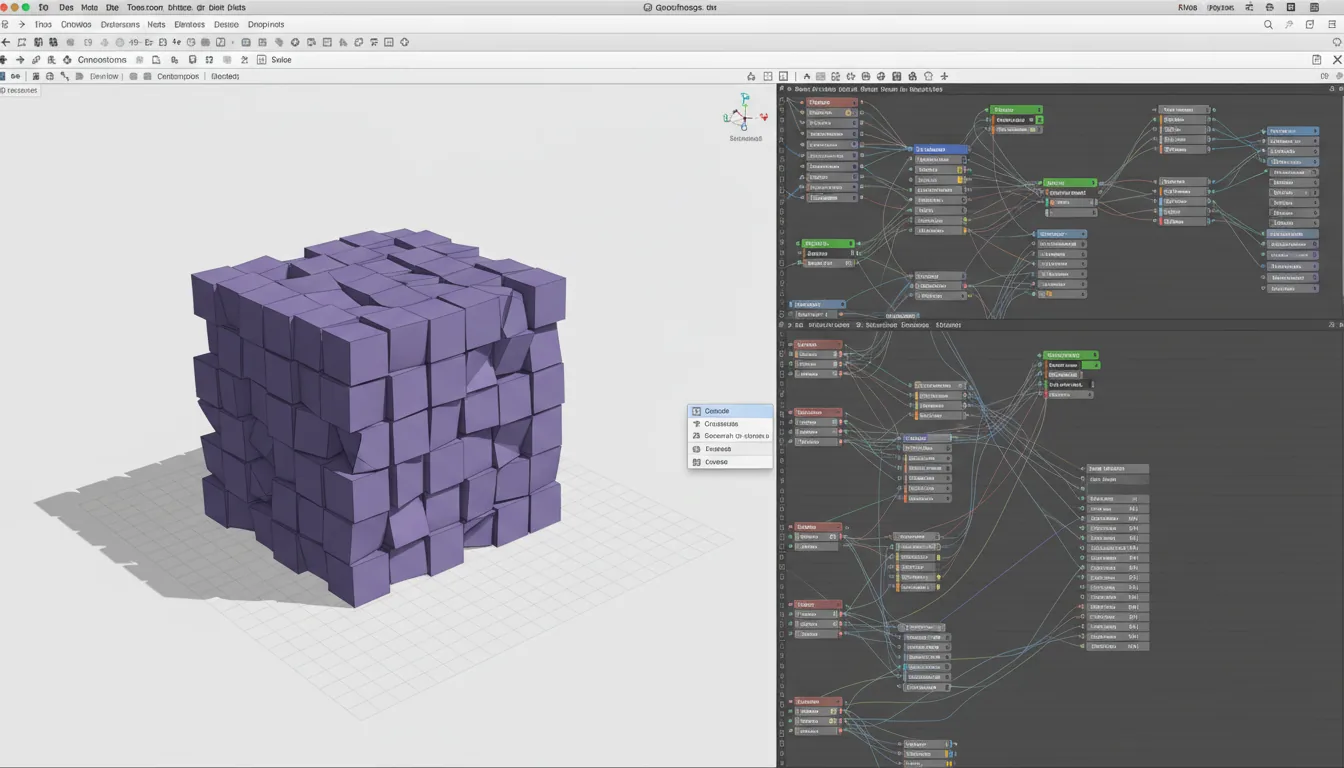 A clean screenshot of the Rhinoceros 3D modeling software interface in Light Mode on macOS. The screen is split, showing the main Rhino viewport on the left and the Grasshopper visual programming editor on the right. In the left viewport, a large cube composed of smaller, fractured, matte purple polyhedra is rendered with soft shadows on a white ground plane. The Grasshopper canvas on the right displays a complex node graph with interconnected UI elements and wires. A small dropdown context menu is open near the center of the node graph, with one item highlighted.
