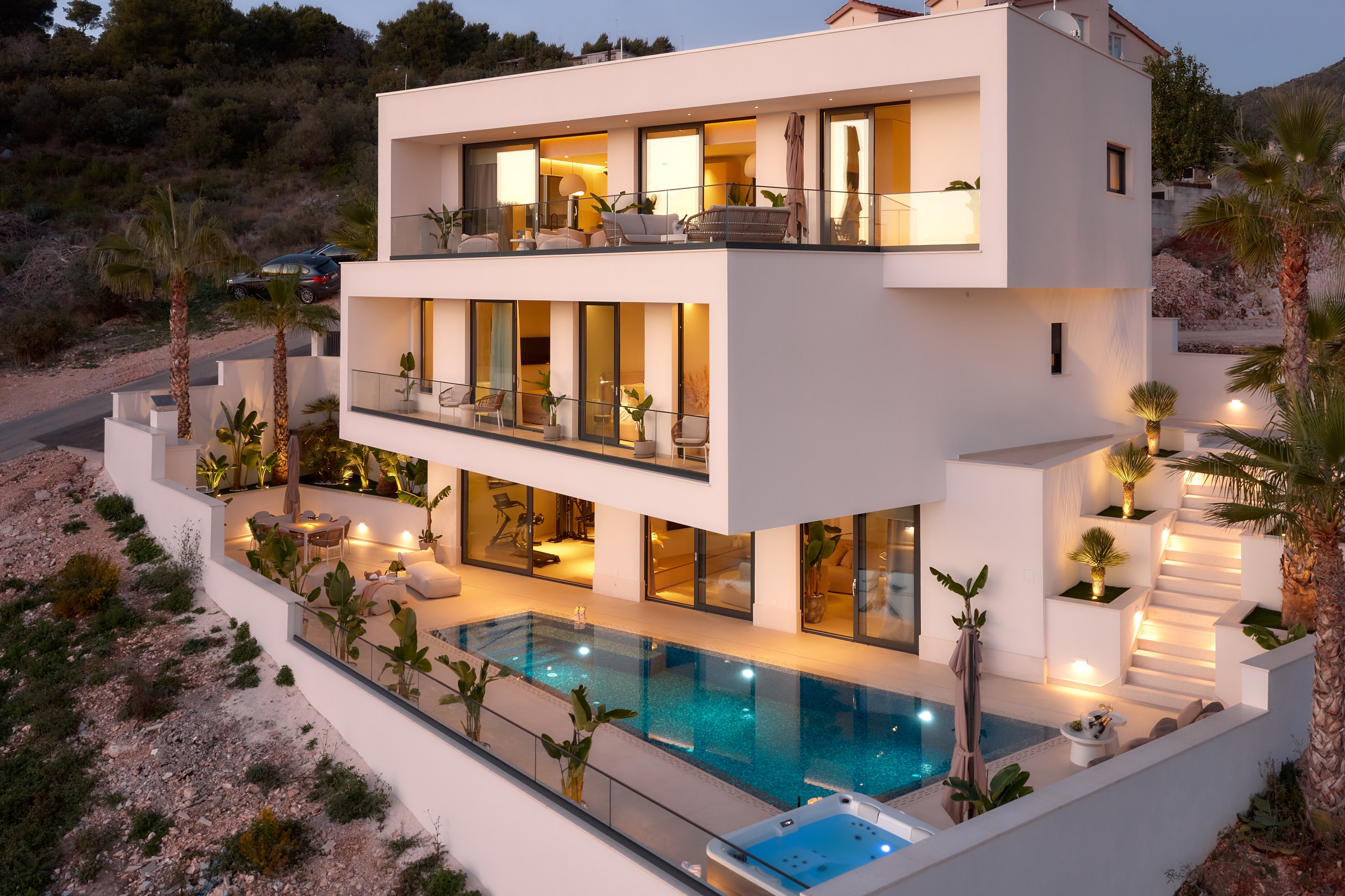 modern building exterior with floor-to-ceiling windows.