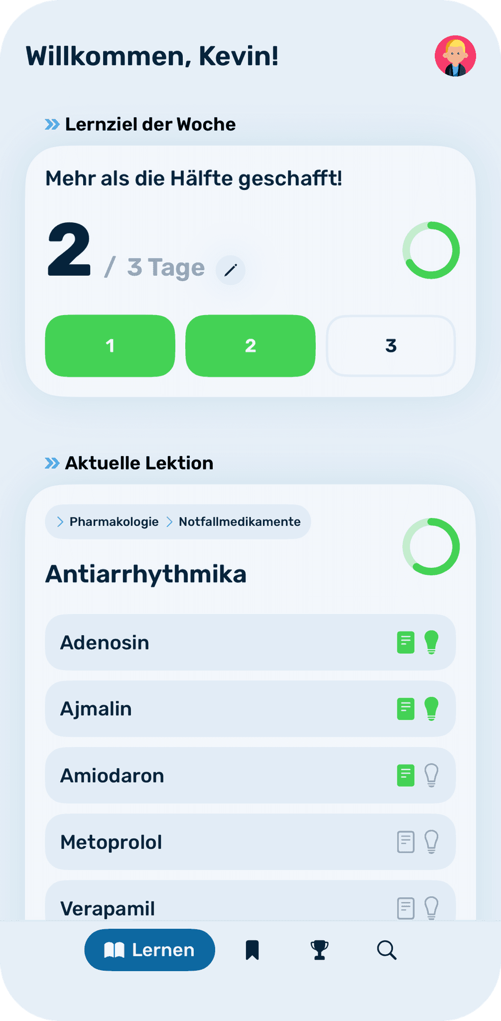 Screenshot: "Lernen"-Ansicht auf dem iPhone