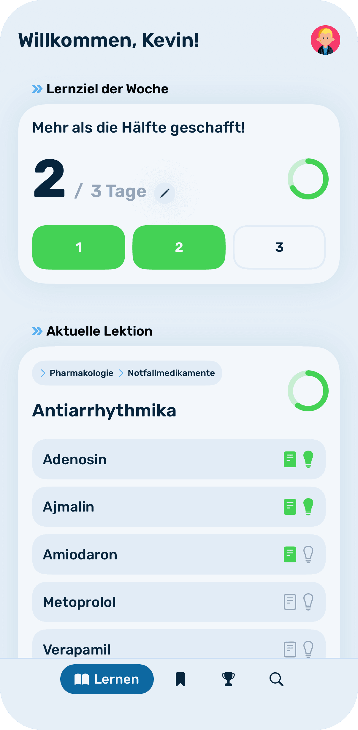 Screenshot: "Lernen"-Ansicht auf dem iPhone