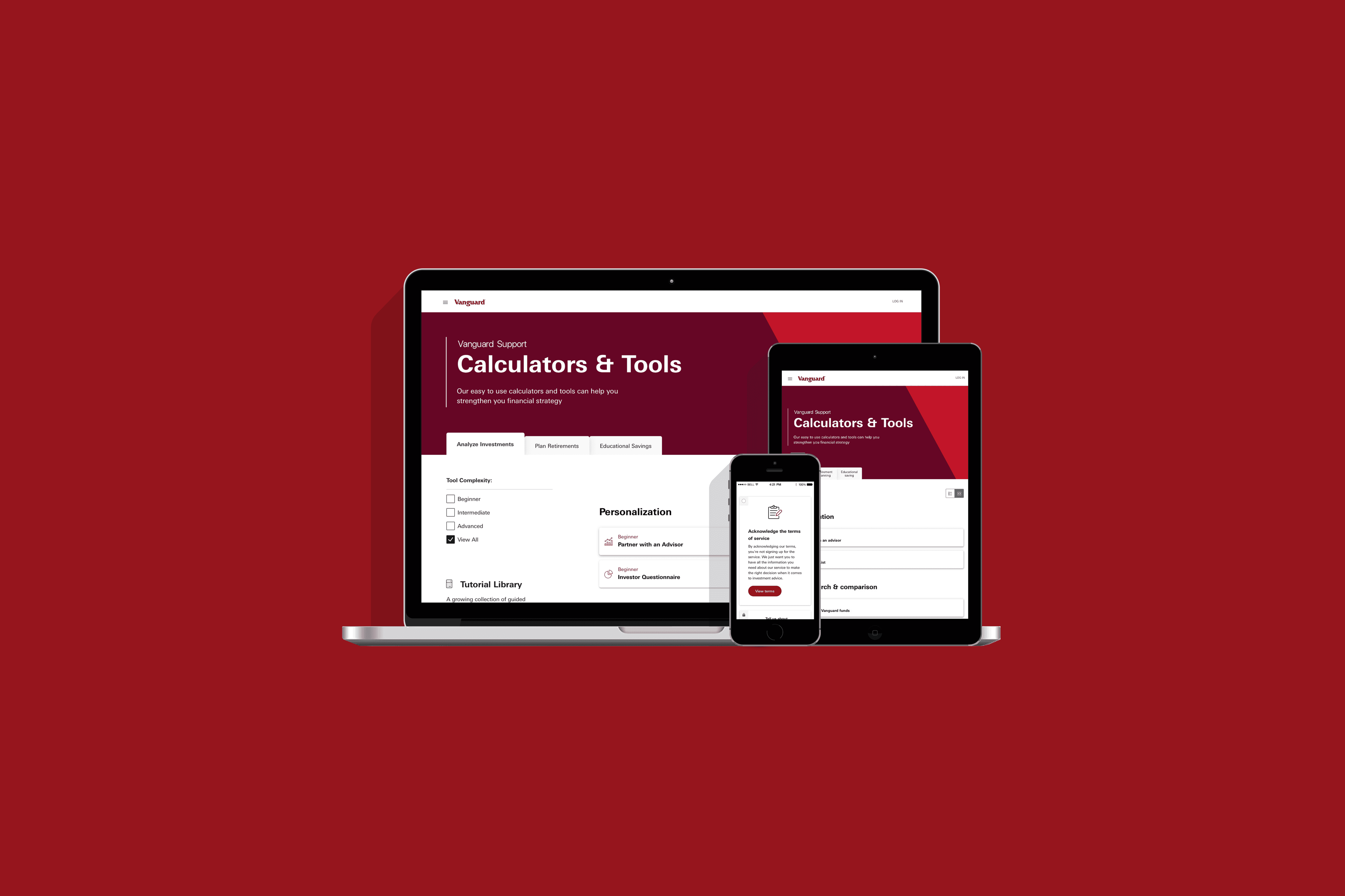 Mockup with a laptop, tablet, and phone displaying the calculators & tools page.