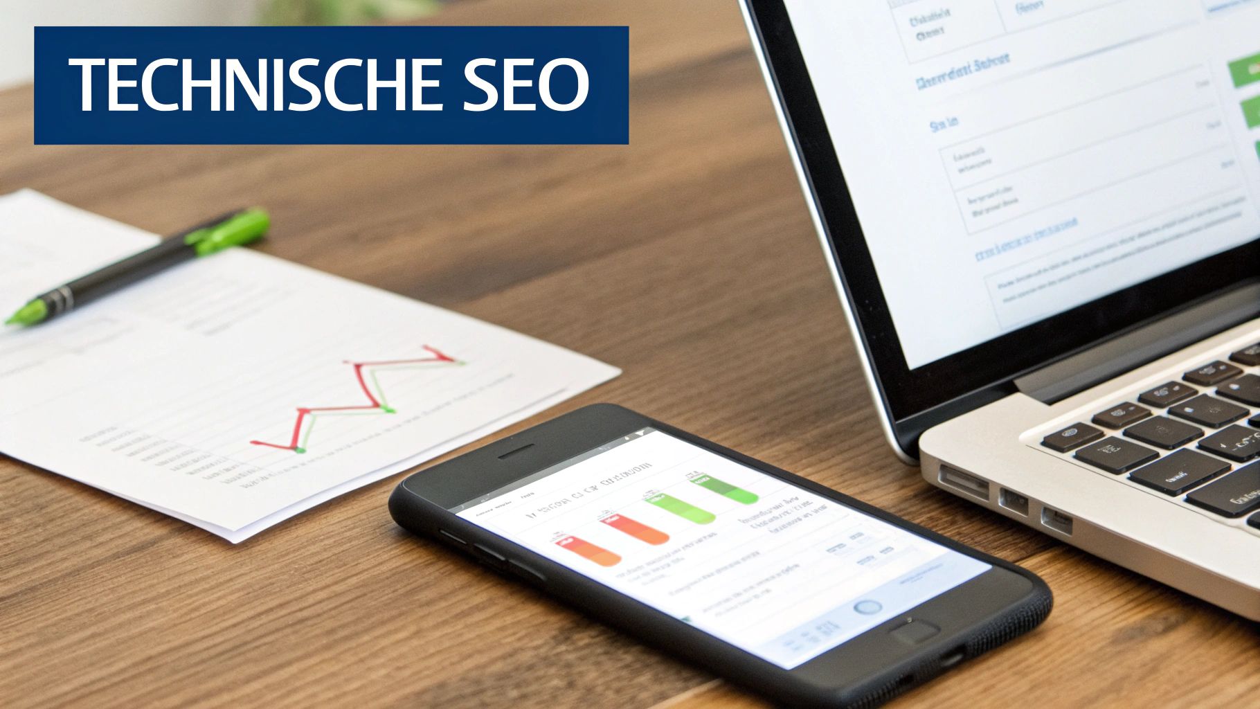 Een werkplek met laptop en smartphone die analyses tonen, met een banner die 'TECHNISCHE SEO' benadrukt.