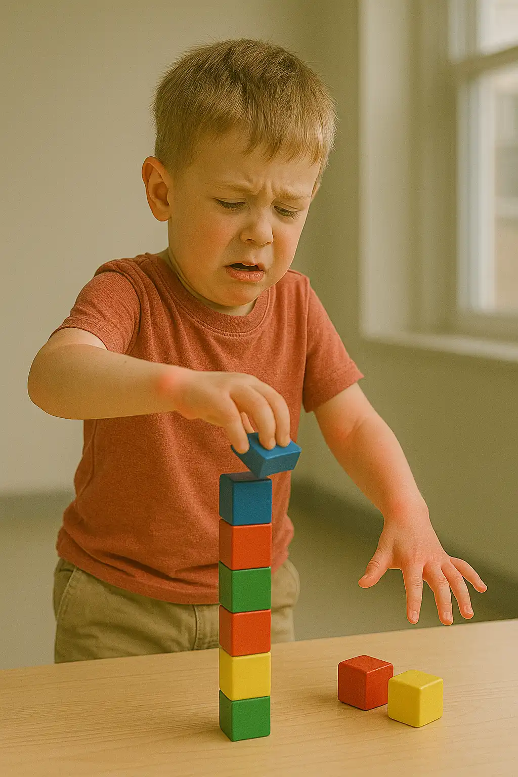 Young boy struggling to stack colorful blocks, illustrating fine motor delay and developmental coordination challenges.