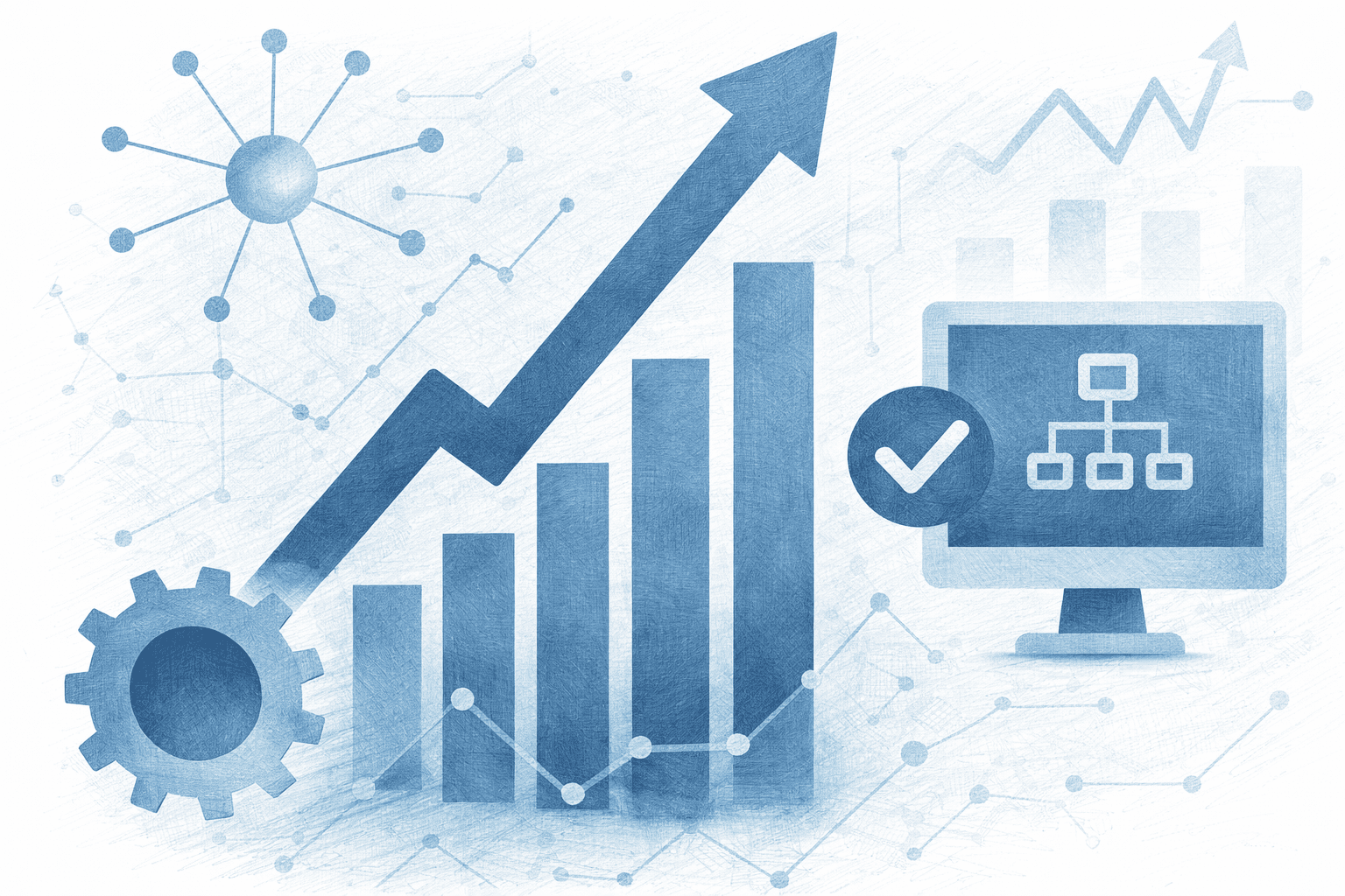 A bar chart and an arrow going up and to the right indicating growth on a blue and futuristic background
