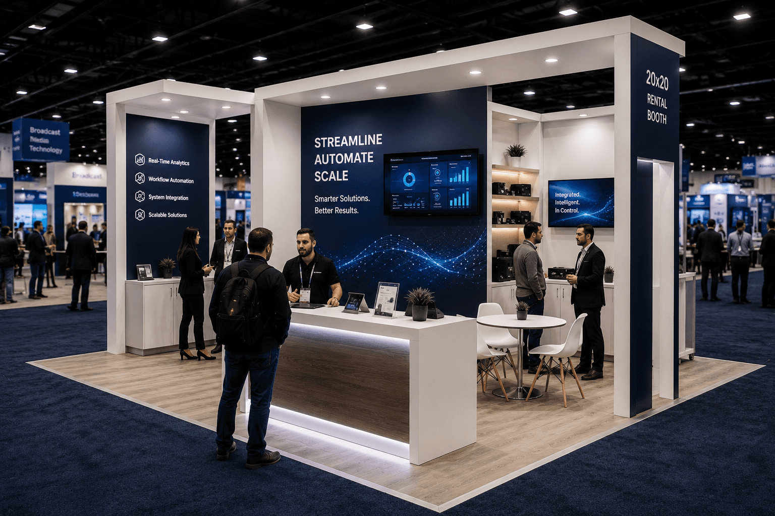 20x20 rental booth layout for a Las Vegas trade show with open corners, branded back wall, front demo counter, compact meeting area, product display shelf, and clear visitor entry