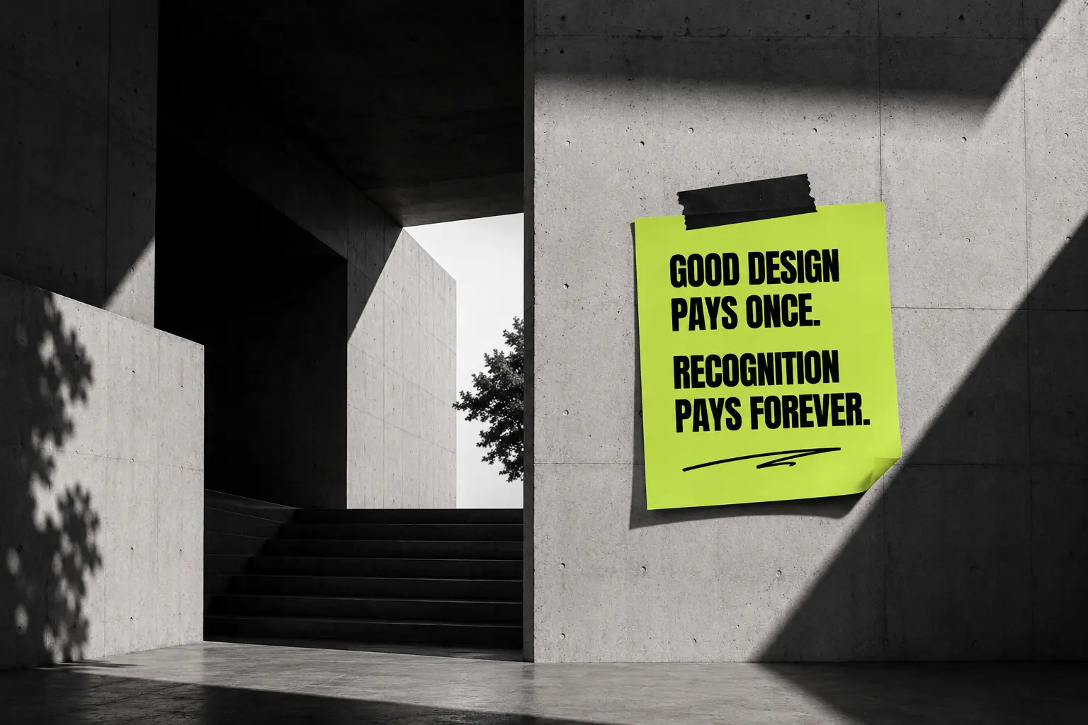 Modern concrete architecture featuring a neon green editorial note emphasizing long-term value through recognition and strategic design.